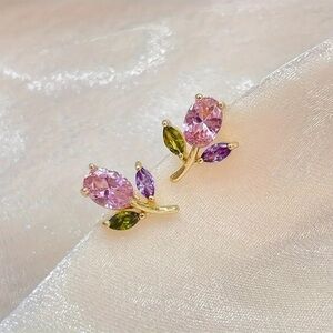 Pink Purple Green Crystal Butterfly Stud Earrings Gold Tone NWT